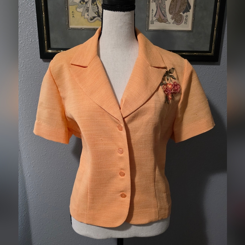 Studio I Vintage Tailored Orange Short Sleeve Jacket Embroidered Details